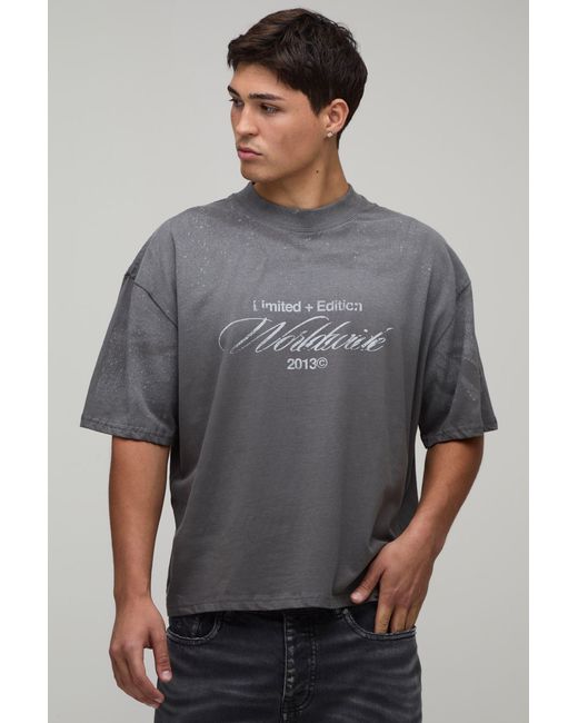 BoohooMAN Gray Oversized Boxy Spray Wash Print T-Shirt Cotton for men