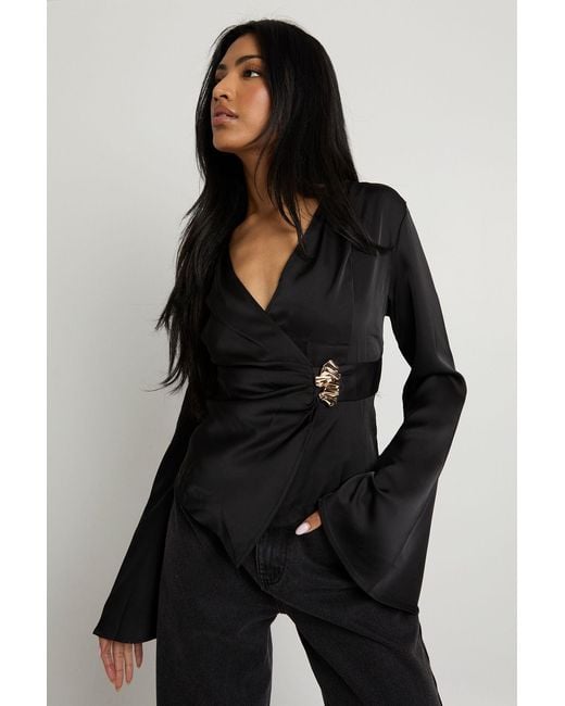 Boohoo Black Trim Satin Long Sleeve Top