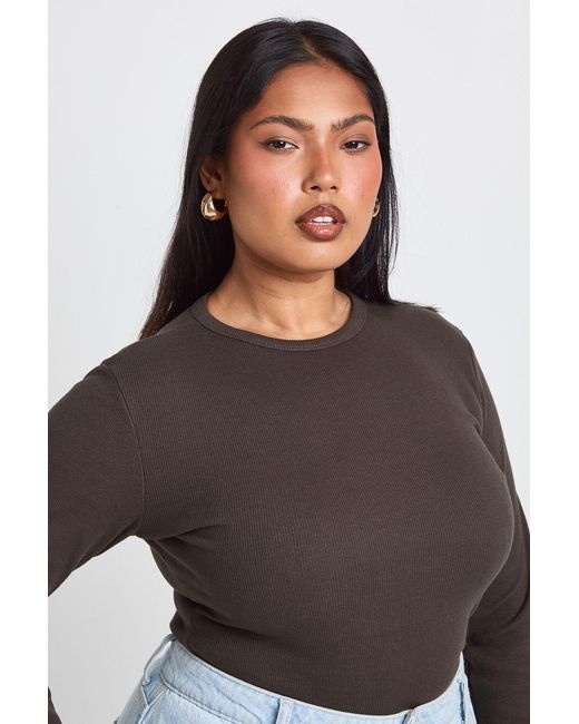 Boohoo Blue Plus Basic Rib Long Sleeve Fitted Longline Top