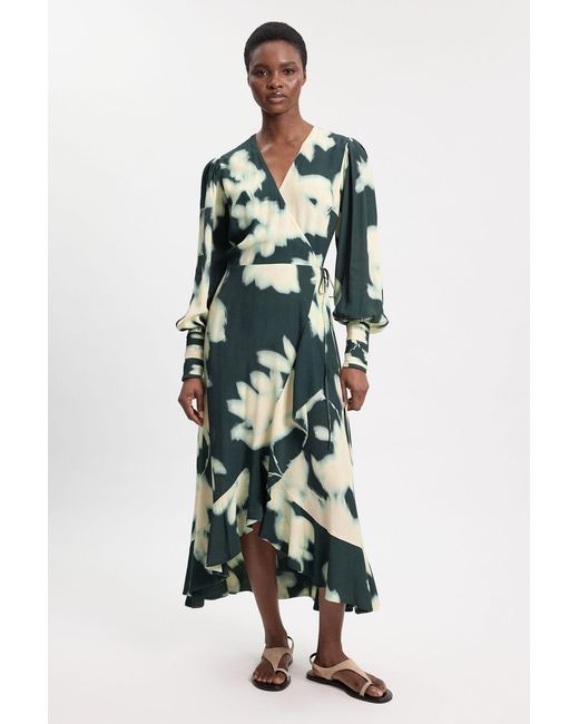Karen Millen Green Viscose Crepe Long Sleeve Midi Dress