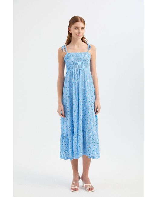 Hiccup Blue Floral Square Neck Smocked Tiered Midi Dress With A Tie Strap