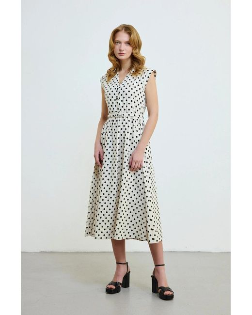 GUSTO Natural Polka Dot Linen Long Dress With Belt