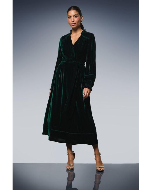 Wallis Blue Velvet Tie Belt Button Down Midi Dress