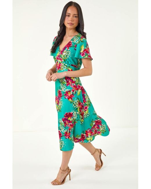 Roman Green Petite Floral V-Neck Midi Dress