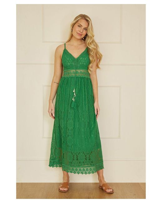 Yumi' Green Lace Midi Sundress With Tassel Tie And Ruched Back Cotton