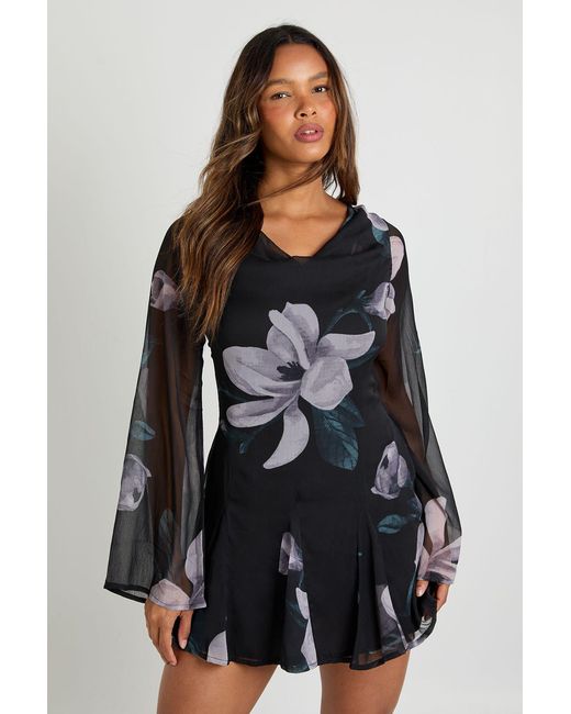 Boohoo Black Floral Long Sleeve Chiffon Mini Dress