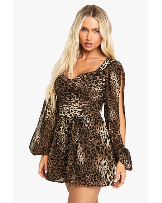 Boohoo Multicolor Animal Print Split Sleeve Romper
