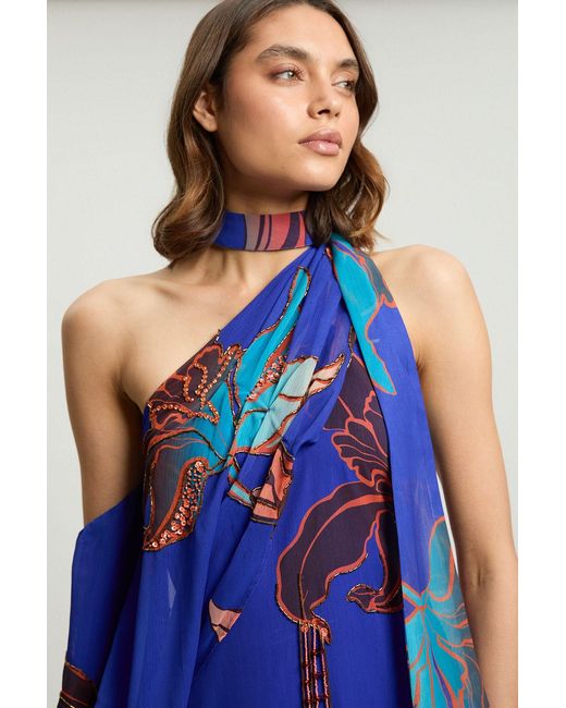 Karen Millen Blue Embellished One Shoulder Printed Maxi Dress