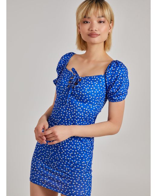 Pink Vanilla Blue Puff Sleeve Tie Floral Mini Dress