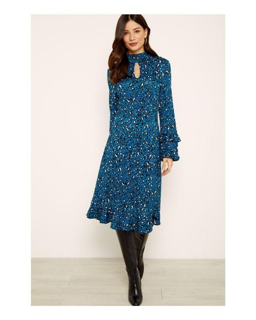 Sosandar Blue Leopard Print Jersey Fit & Flare Ruffle Dress