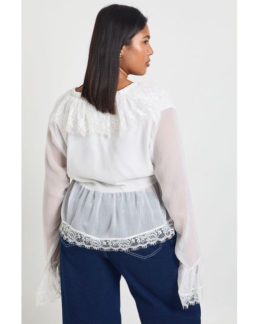 Boohoo White Plus Lace Trim Chiffon Ruffle Blouse