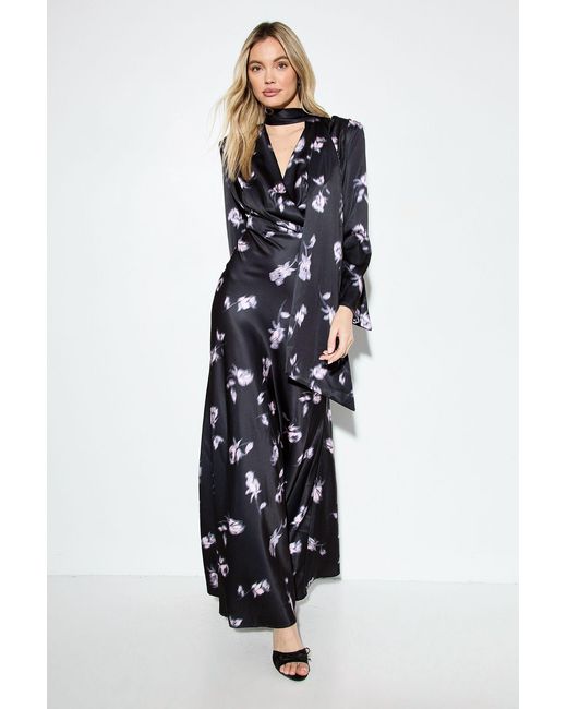 MissPap White Premium Floral Print Tie Neck Maxi Dress