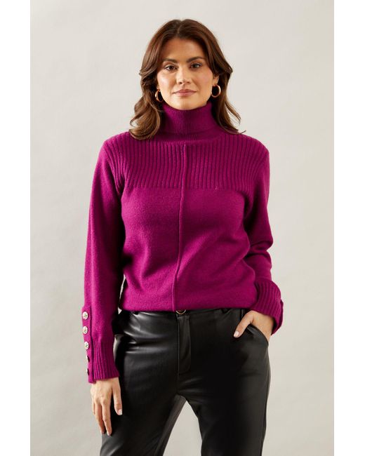 Wallis Purple Rib Panel Button Sleeve Jumper