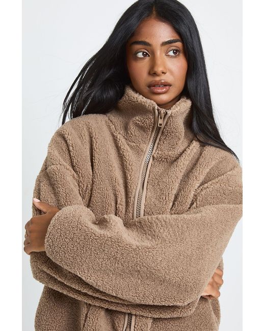 Boohoo Brown Funnel Neck Teddy Jacket