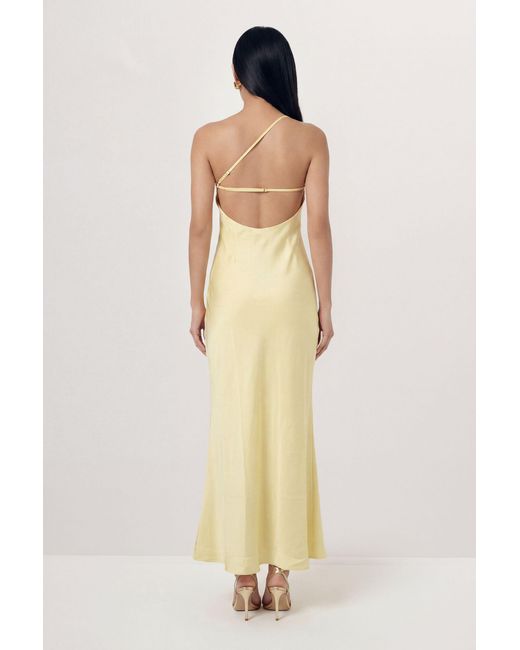 MissPap Natural Satin Asymmetric Strap Pleated Waist Low Back Maxi Bridesmaid Dress