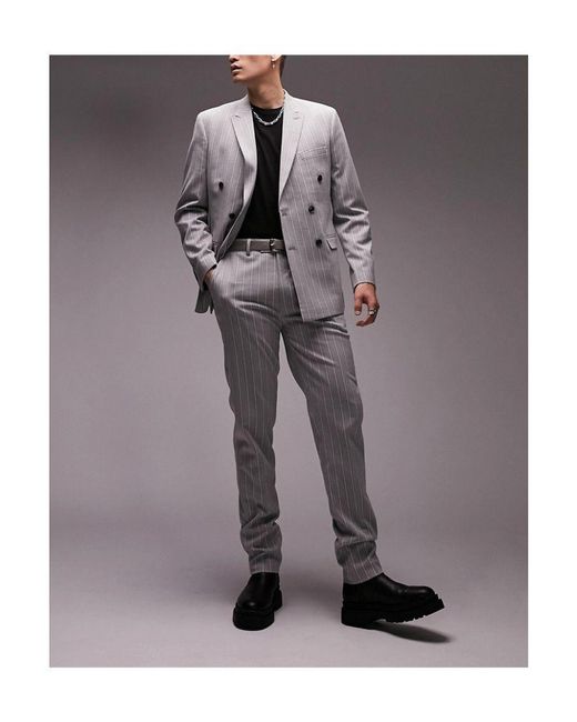 Topman Gray Slim Striped Suit Trousers for men