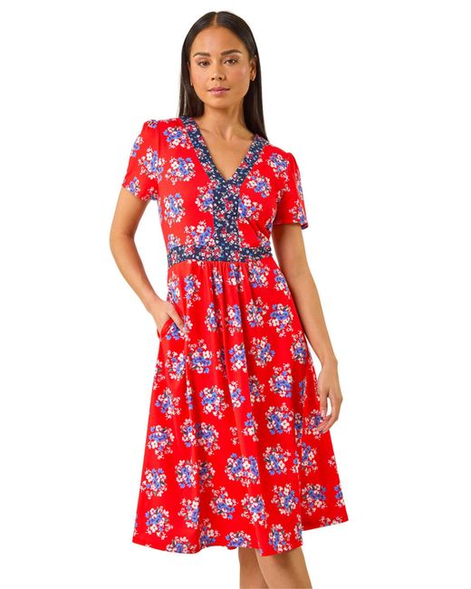 Roman Red Petite Floral Contrast Stretch Midi Dress