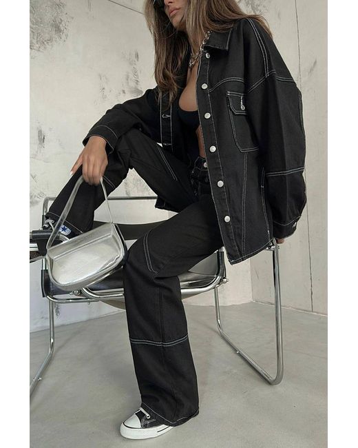 Hiccup Black Denim Collar Oversized Jacket With A Stitch Details
