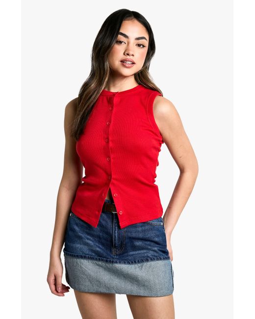 Boohoo Red Ribbed Button Front Longline Top