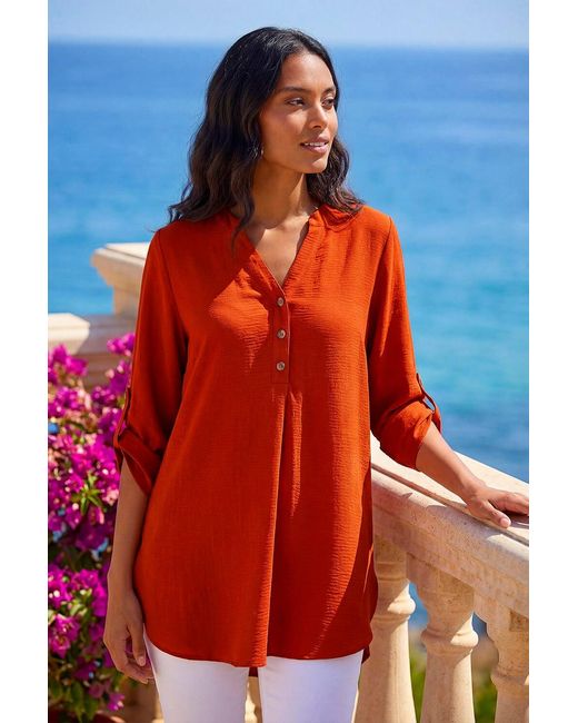 Roman Orange Longline Notch Neck Buttoned Top