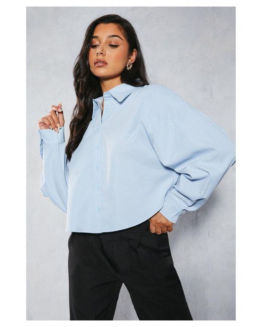 MissPap Blue Oversized Cropped Pocket Shirt