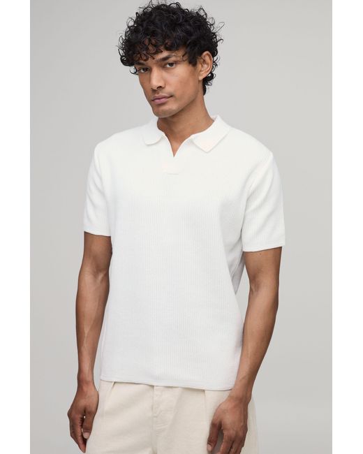 BoohooMAN White Regular Fit Cotton Blend Ribbed Knitted Polo for men