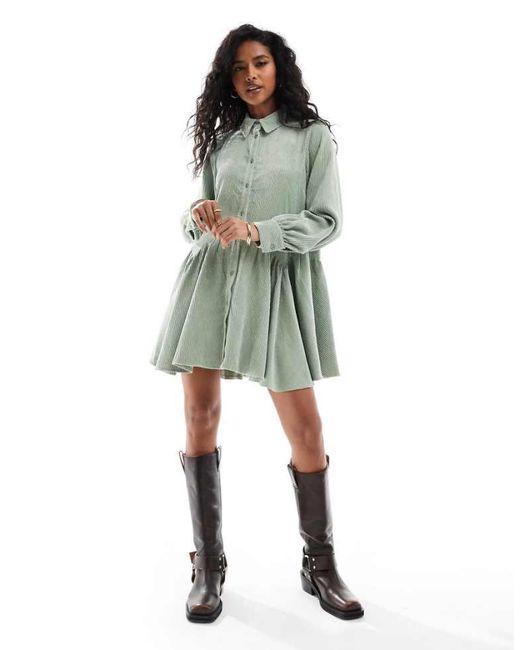 ASOS Green Cord Smock Mini Dress With Peplum Hem