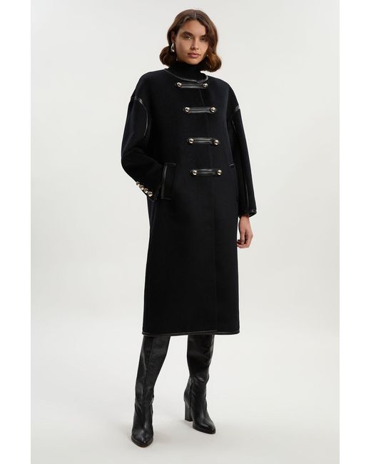 Karen Millen Black Brushed Wool Pu Mix Tailored Collarless Midi Coat