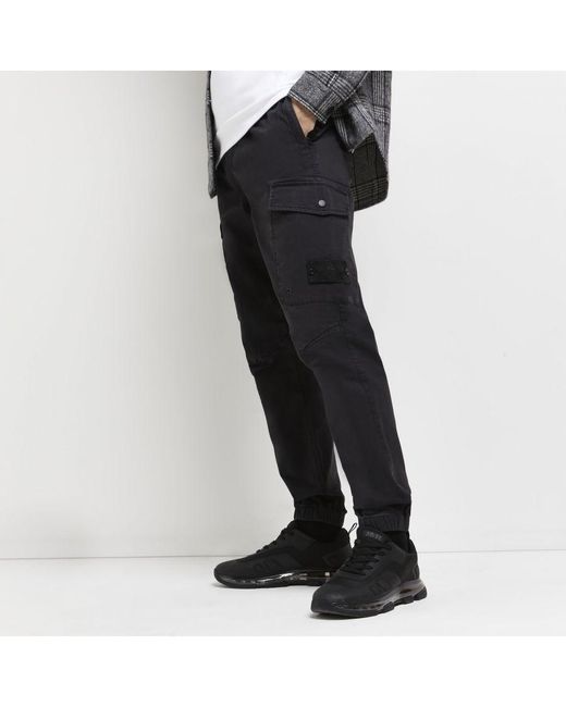 River Island Cargo Trousers Black Slim Fit Washed Twill Cotton for Men |  Lyst UK