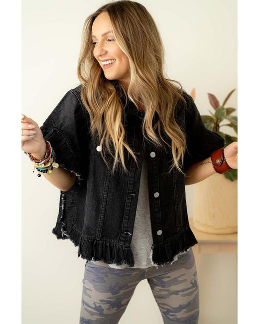 Azura Exchange Black Raw Edge Ruffled Short Sleeve Denim Jacket Cotton