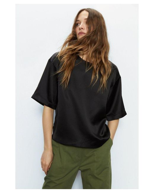 Warehouse Black Relaxed Fit Boxy Satin Tee