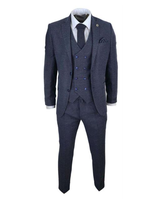 TruClothing Blue Wool 3 Piece Suit Double Breasted Waistcoat Tweed Peaky Blinders 1920S for men