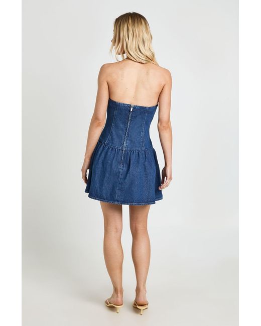 Boohoo Blue Petite Denim Bandeau Dropped Hem Dress