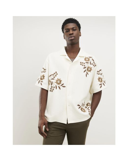 River Island Natural Regular Fit Floral Textured Shirt for men