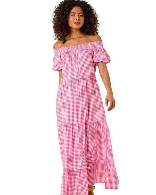 D.u.s.k Pink Gingham Bardot Tiered Maxi Dress
