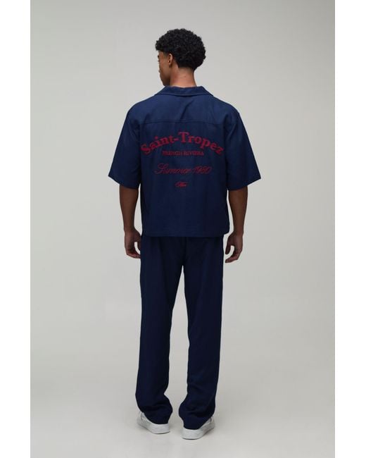 BoohooMAN Blue Linen Embroidered Saint Tropez Oversized Boxy Shirt & Relaxed Trouser Set for men