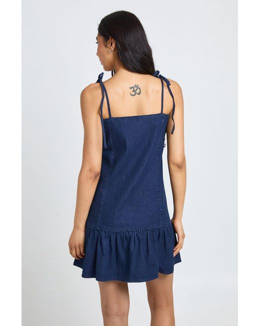 Boohoo Blue Tall Strappy Dropped Hem Denim Mini Dress