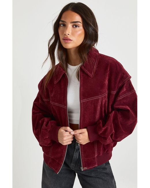 Boohoo Red Petite Faux Suede Contrast Stitch Bomber Jacket