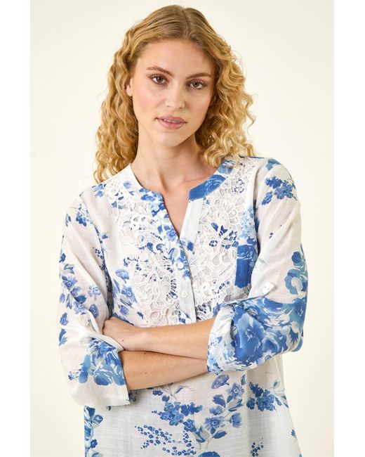 Roman Blue Floral Print Lace Trim Shirt