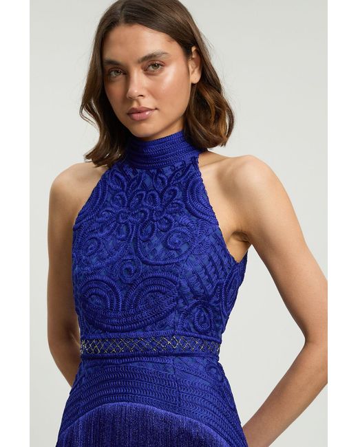 Karen Millen Blue Fringed Beaded Halter Neck Woven Maxi Dress