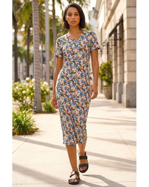 D.u.s.k Blue Floral Print Stretch Midi Dress