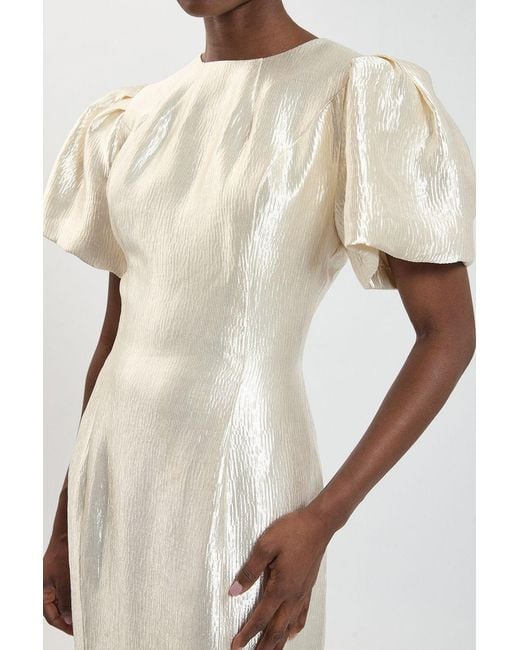 Karen Millen White Puff Sleeve Metallic Textured Midi Dress
