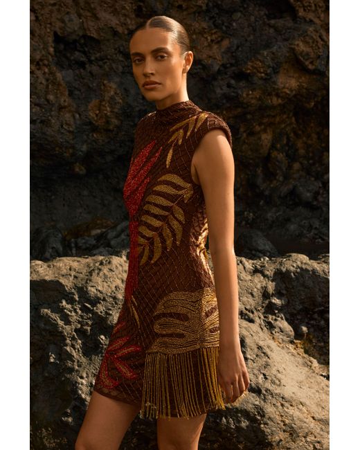 Karen Millen Brown Petite Tropical Bead Detail Mini Dress
