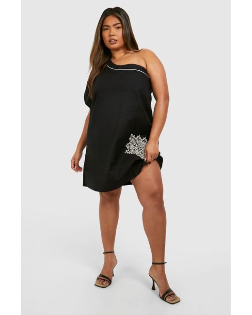 Boohoo Black Plus Woven Embroidery Detail One Shoulder Mini Dress