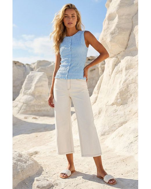 D.u.s.k Blue Plisse Mock Button Top
