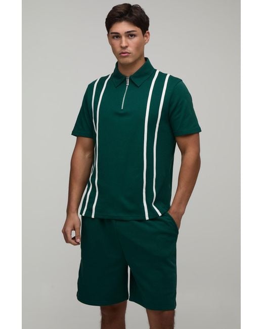 BoohooMAN Green Regular Fit Zip Up Stripe Polo & Jersey Short Set for men