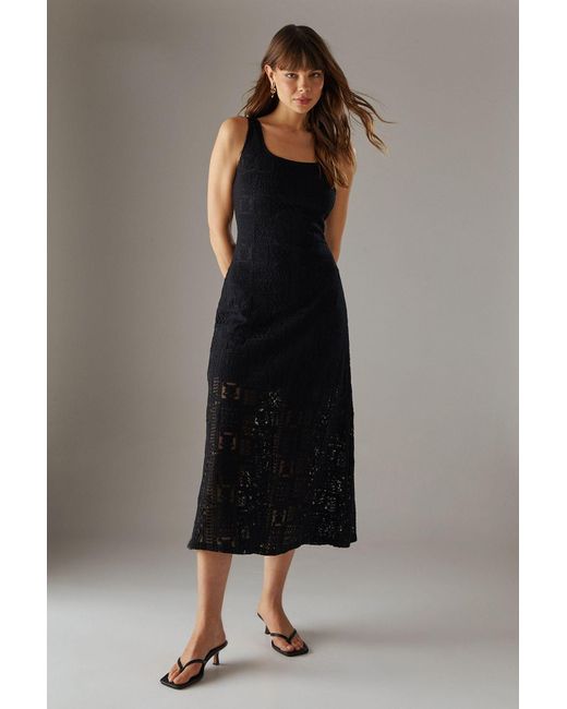 Warehouse Black Crochet Lace Scoop Neck Midi Dress