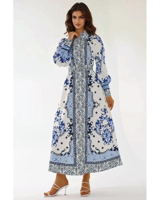 Hiccup Blue Printed Long Sleeve Maxi Dress With Belt