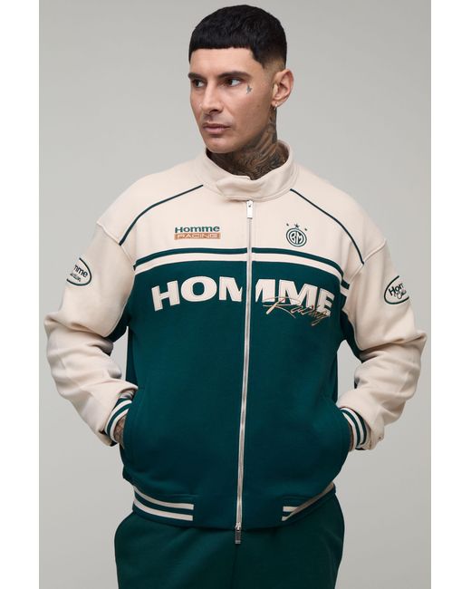 BoohooMAN Blue Tall Boxy Fit Biker Collared Colour Block Moto Jersey Jacket for men