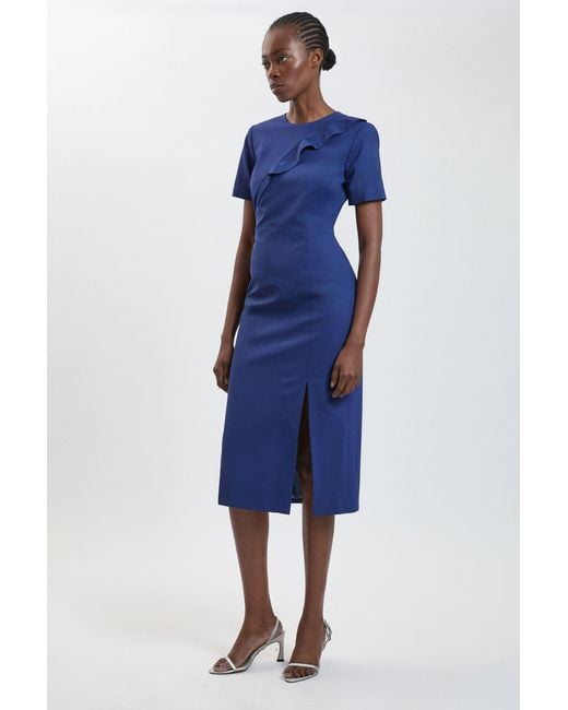 Karen Millen Blue Tailored Fold Detail Midi Pencil Dress